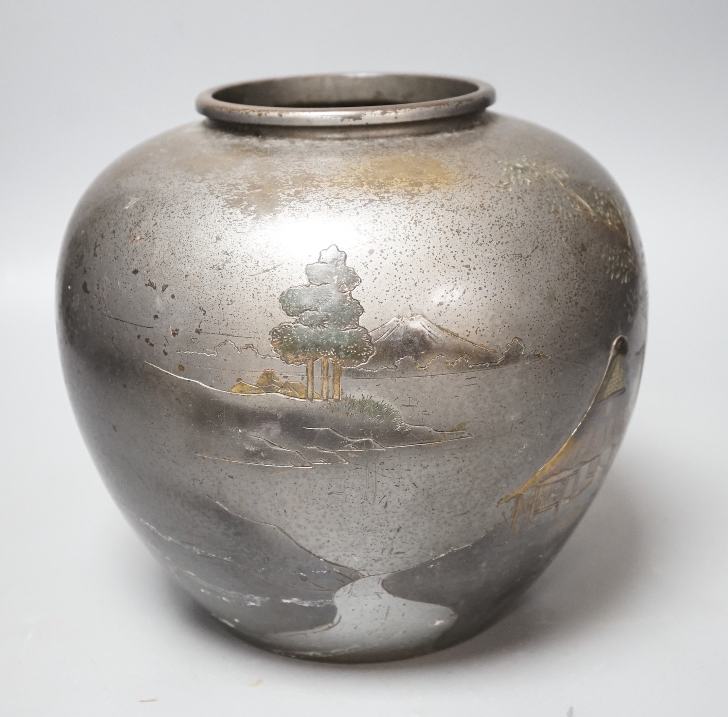 A Japanese mixed metal bronze vase, Meiji period, signed, 19cm